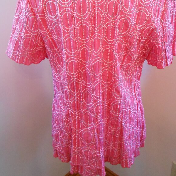 Christopher&Banks Pleated Salmon Pink Collared Embroidered Short Sleeve Blouse-L - Picture 3 of 3